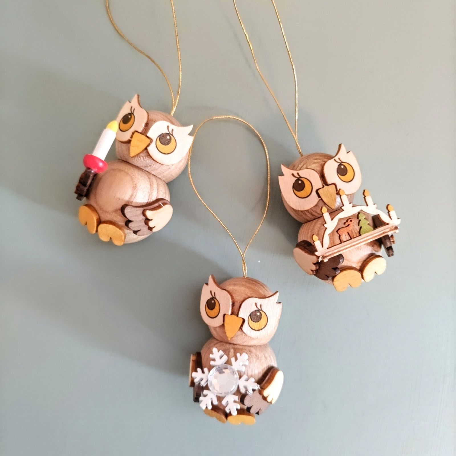 ドイツ工芸品 オーナメント フクロウの子と雪の星 クリスマス飾り