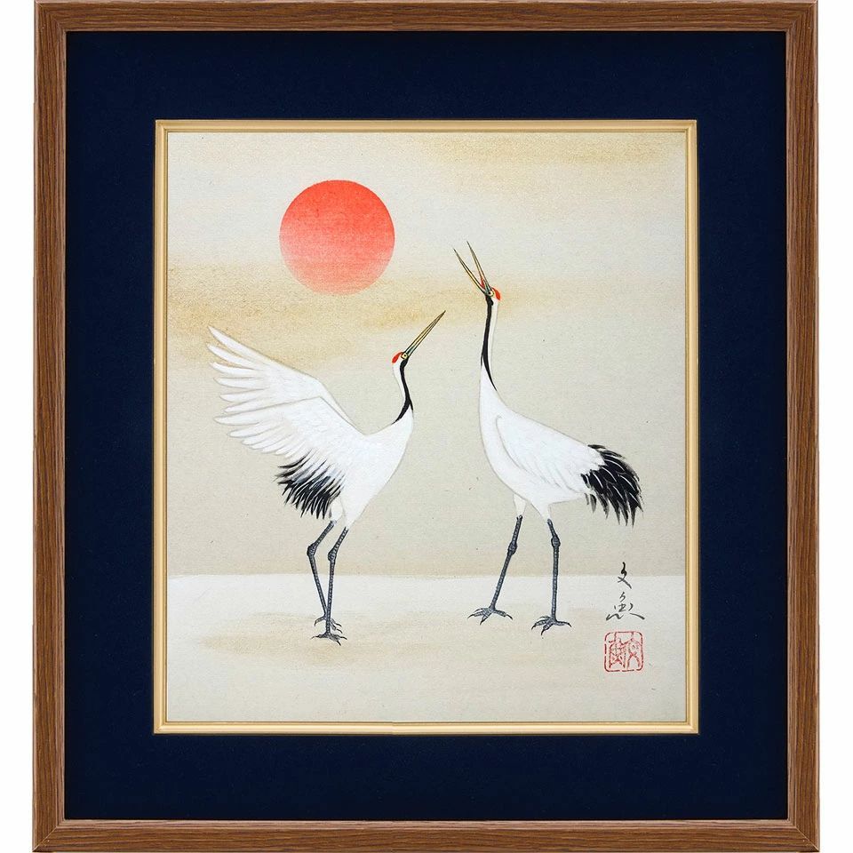 開運 色紙額 中谷文魚 「双鶴」 額付き 真筆 肉筆画 手描き 花鳥