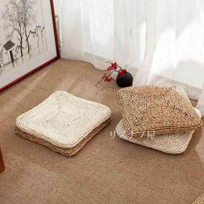 クッション 四角 座布団 スクエア型 40CM*40CM おしゃれ 座イス 通気性 快適性 インテリア 手編み 手作り シンプル 涼しい 夏に最適 和室 ナチュラル 天然素材 環境に優しい 草編 座禅yuncai02