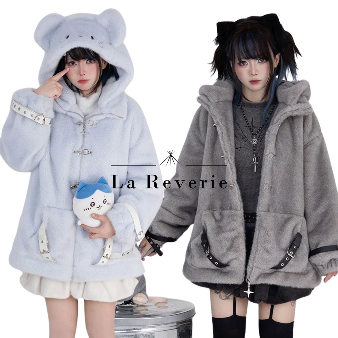 耳付き ファーコート 🐭 もこもこ フード アウター グレー 水色 ブルー