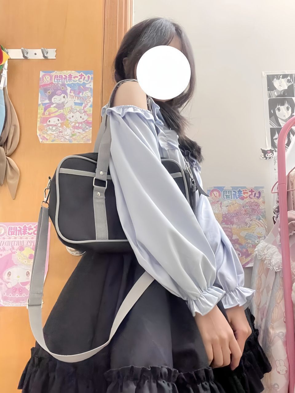 スカート 新作 地雷系セットアップ 露肩水色ブラウス 長袖＋ハイウエスト半