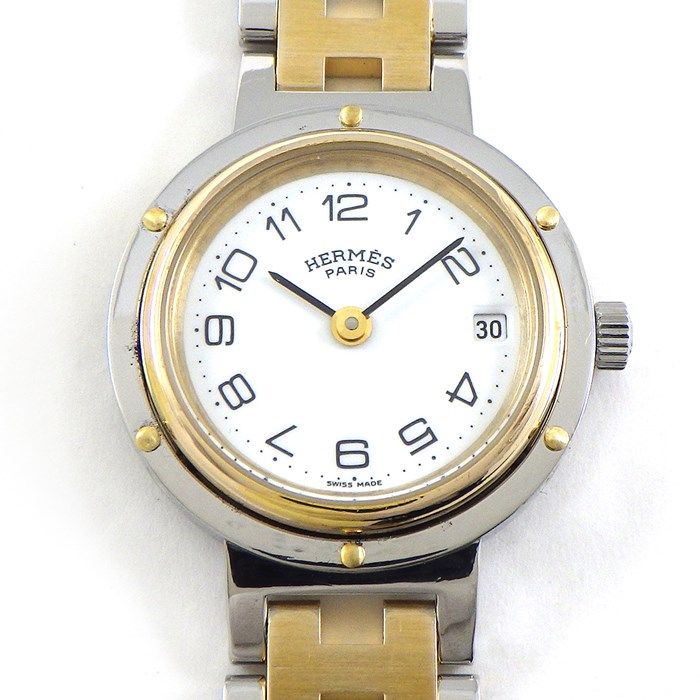 エルメス HERMES 腕時計 クリッパー デイト ホワイト文字盤 Hリンク ブレス SS GP クオーツアナログ
