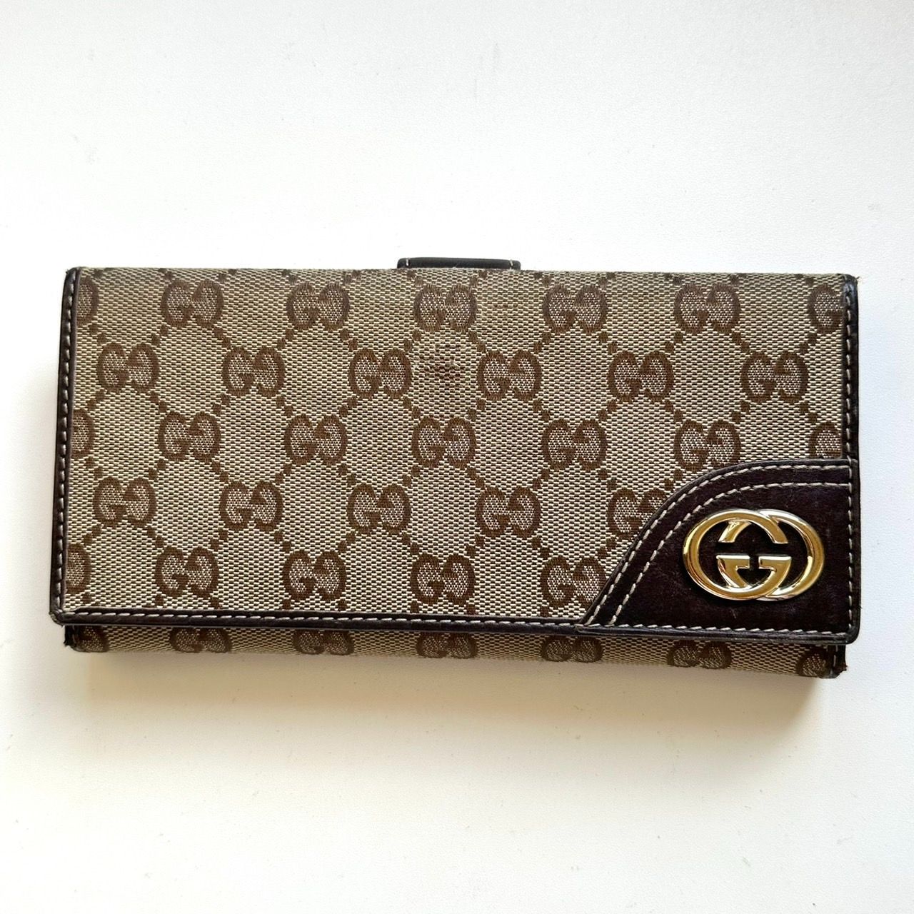 ✨️極美品✨️ グッチ 長財布 レザー キャンバス GG柄 金具 ブラウン ✨️極美品✨️ グッチ 長財布 レザー キャンバス GG柄 金具