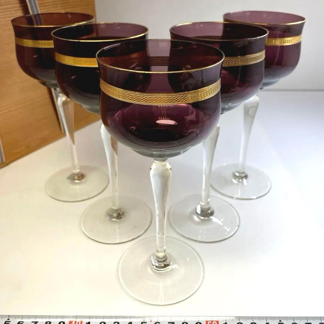 オールドモーゼル パープル金彩ワイングラス5客 木 高さ18.3㎝ トトオ
