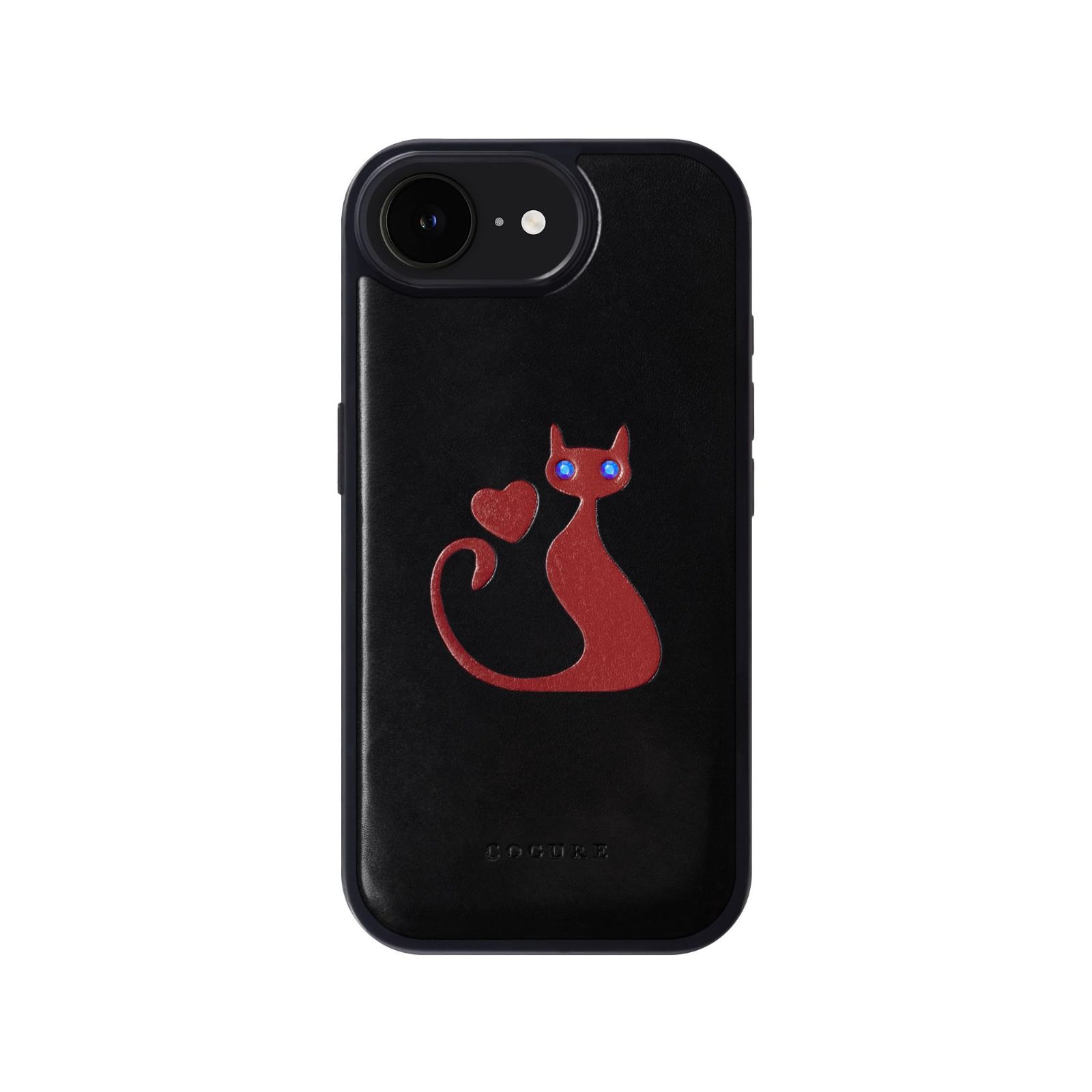 ハート スマホケース cat 耐衝撃 キャット シンプル 猫 おしゃれ イタリアンサドルレザー 本革 ギフトボックス付き ケース COTCatB 16e 猫柄B iPhone ブラック コグレ