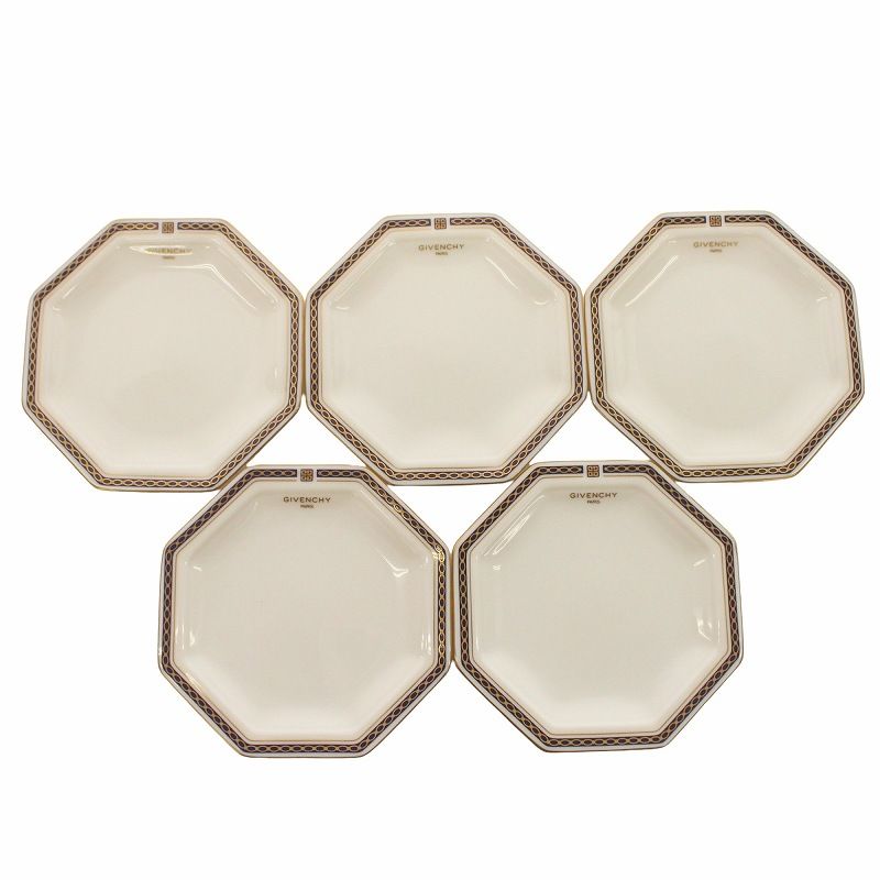 ジバンシィ GIVENCHY 皿 プレート 5枚セット 食器 ロゴ 八角形 金彩 白