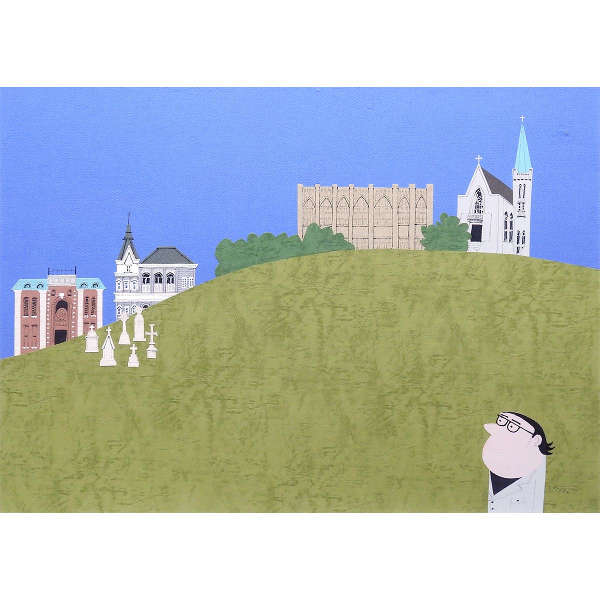 げ 柳原良平 山手の丘 切り絵20号 風景画 鑑定書付 解説あり 横浜 高島屋 作 書籍掲載作品 アンクルトリス 原画 絵画