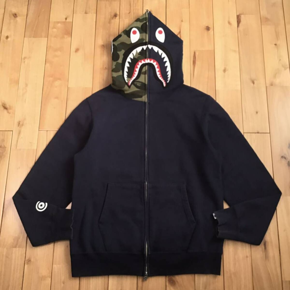 1st camo green × navy シャーク パーカー Lサイズ a bathing ape BAPE