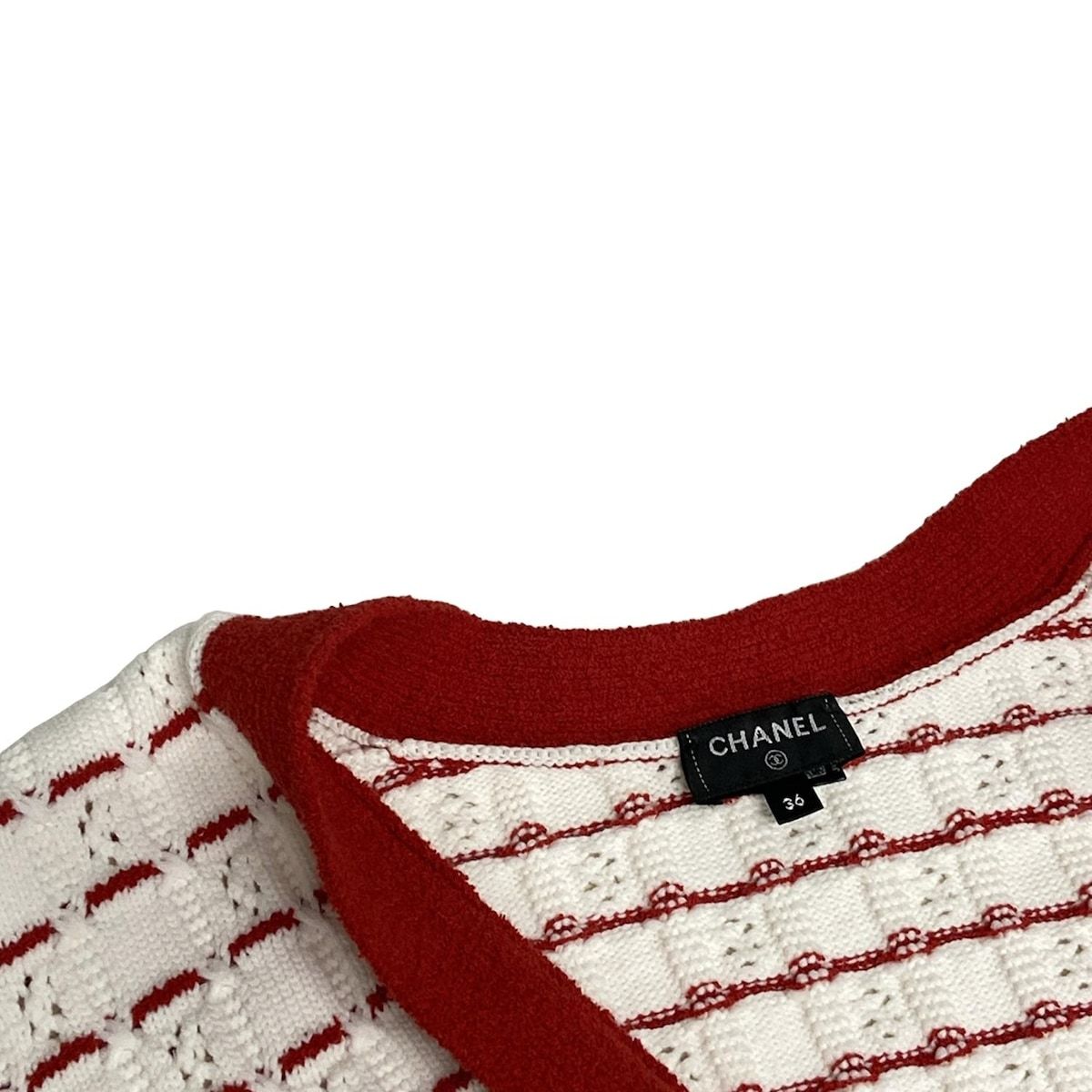 大幅割引！ CHANEL シャネル カーディガン サイズ36 S レディース - P74152 白×レッド 長袖|ボーダー|2025年 コットン コットン