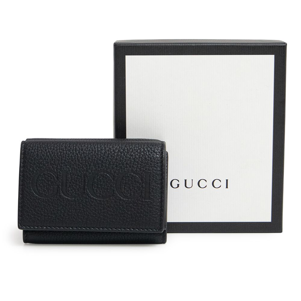 グッチ 日本 ロゴ ミニウォレット コンパクト 三つ折り財布 カーフスキン レザー ブラック ブルー シルバー金具 736151 GUCCI ♥品