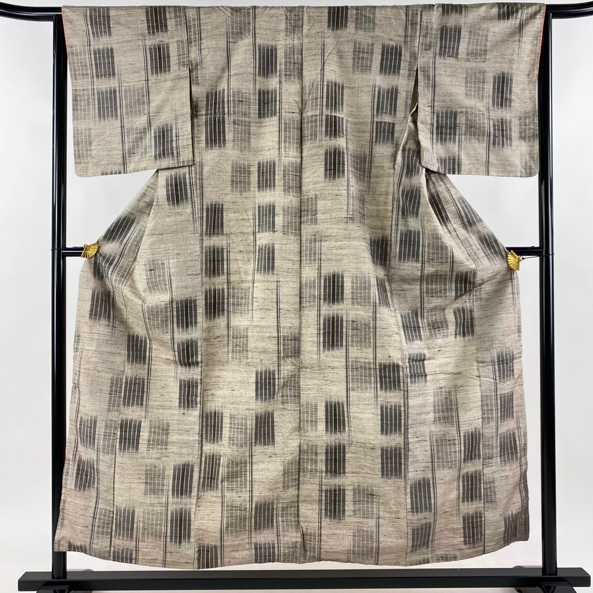 紬 身丈155cm 裄丈64cm M 袷 縦縞 幾何学 灰茶 正絹 秀品