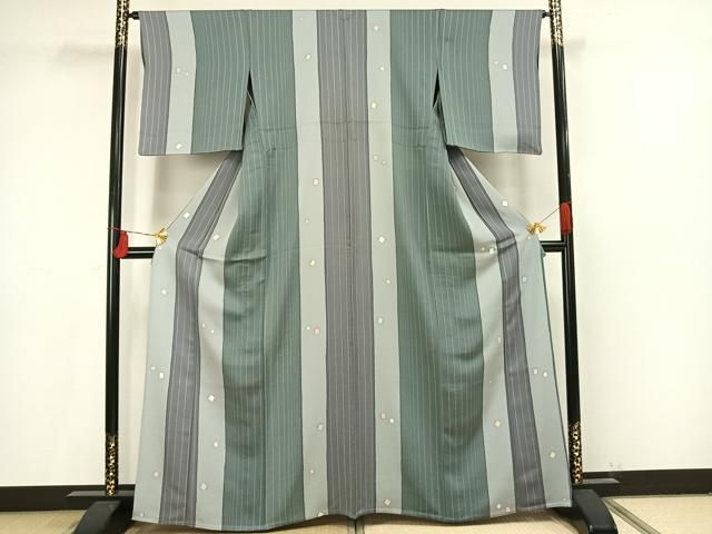 平和屋着物▽上質な小紋 単衣 紬地 型染め 花唐草文 西武百貨店扱い