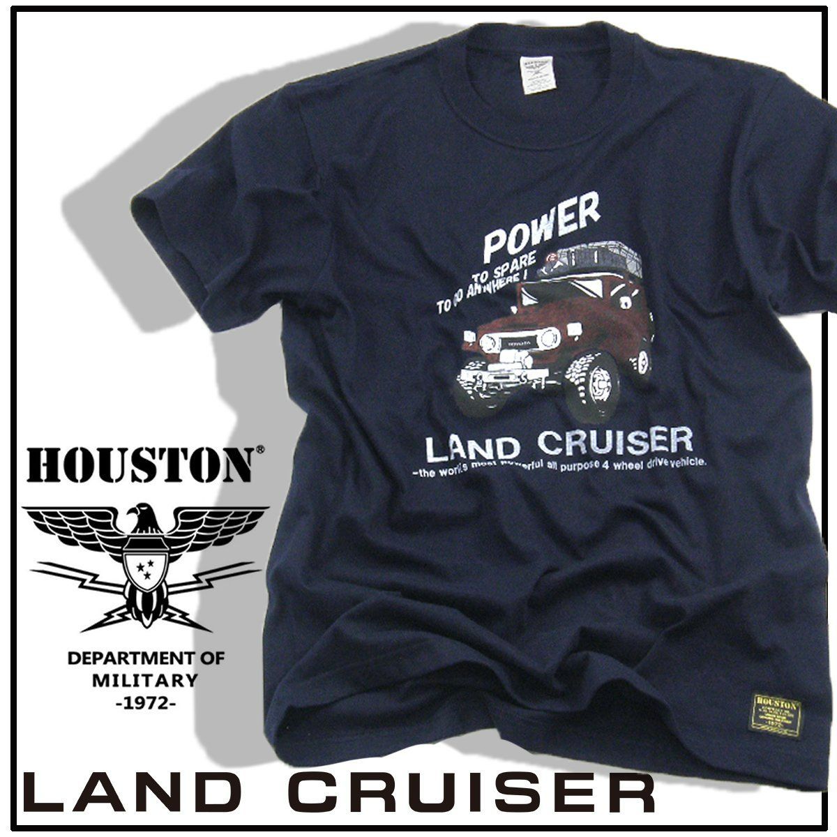 【新品】 HOUSTON × TOYOTA / ヒューストン トヨタLAND CRUISER Tシャツ ランクル POWER ランドクルーザー ネイビー 紺 クルーネック 丸首 カットソー 半袖 ユニセックス プリント