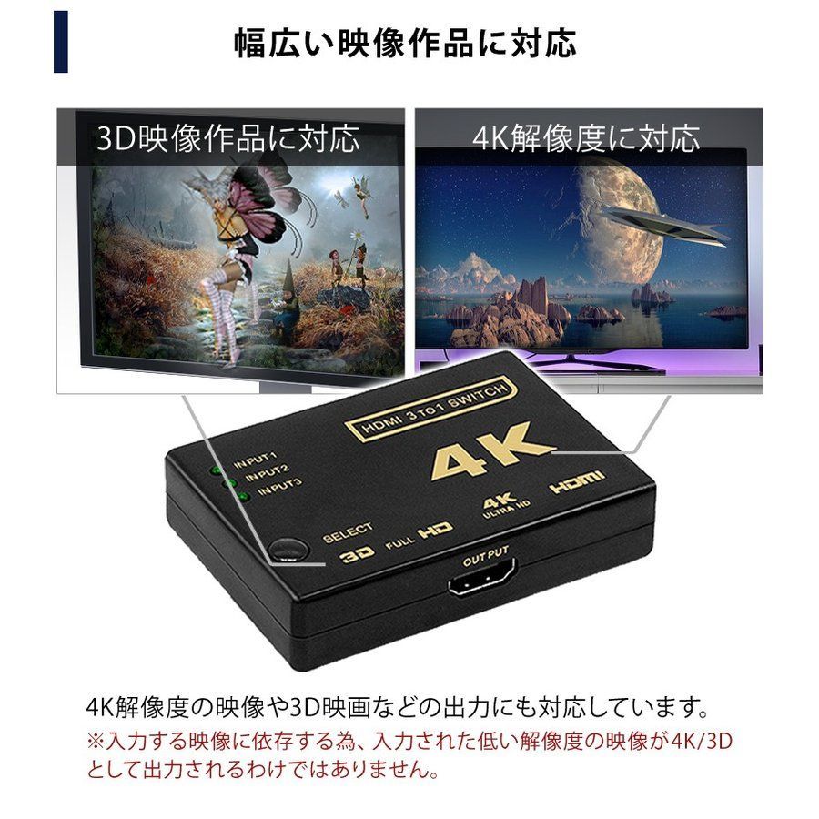 HDMI切替器 HDMIセレクター HDMI分配器 3入力1出力 4k対応 フルHD対応