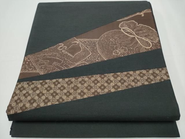 平和屋着物●太鼓柄袋帯 紬地 切嵌 巾着舞蝶文 黒地 正絹 CAAY2782hy