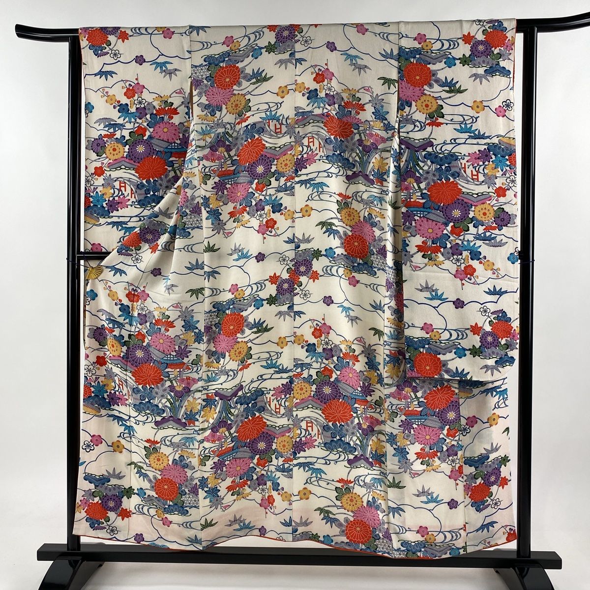 振袖 身丈154.5cm 裄丈62cm S 袷 菊 松竹梅 縮緬 クリーム 正絹 秀品