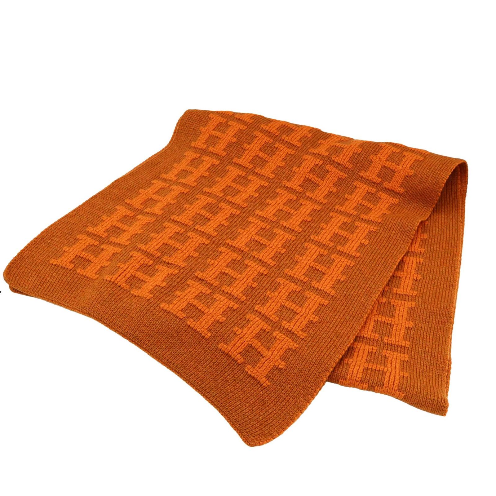 HERMES エルメス マフラー オレンジ カシミヤ100％ H柄 総柄