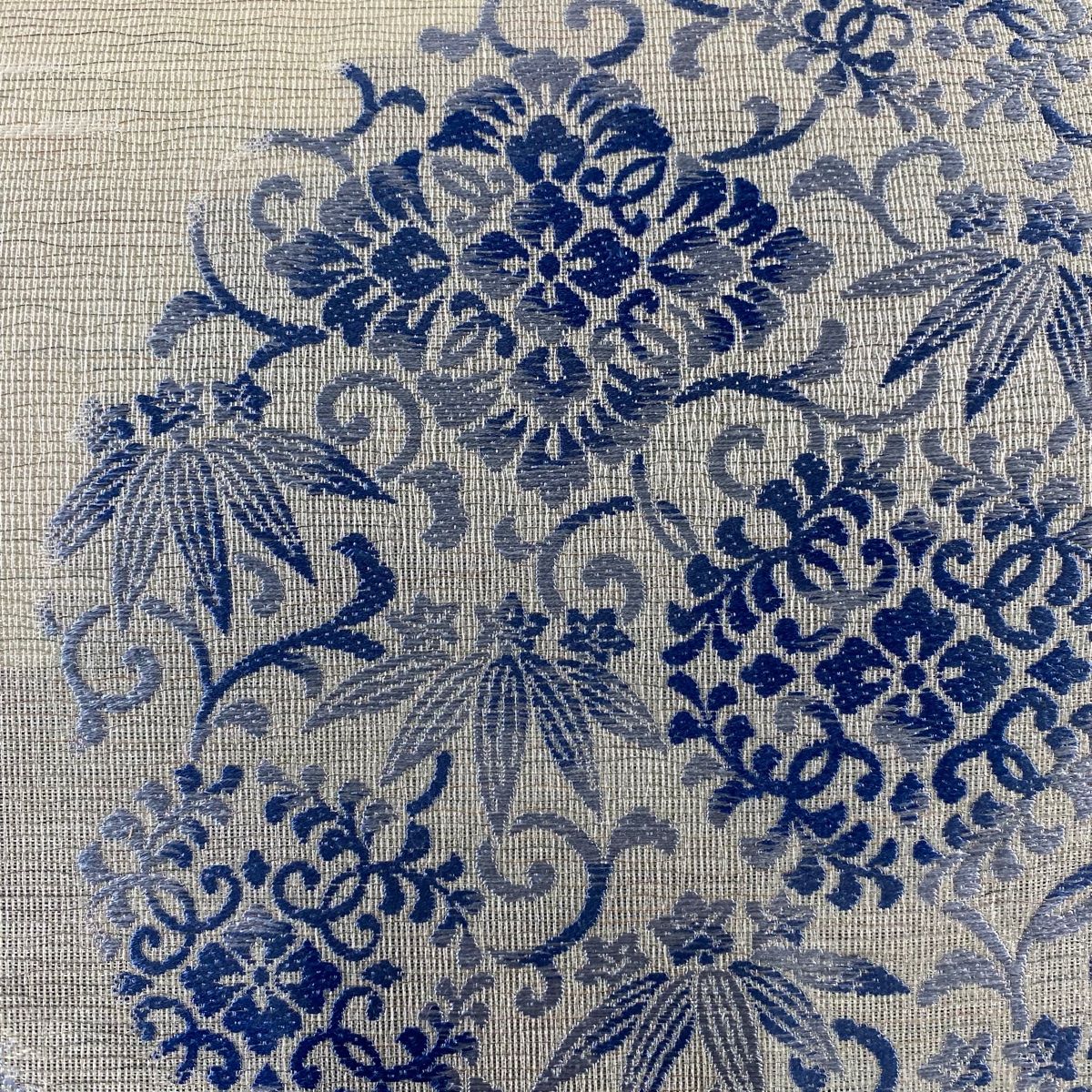 袋帯 美品 名品 落款 夏帯 花唐草 花菱 金銀糸 ラメ糸 灰白 六通