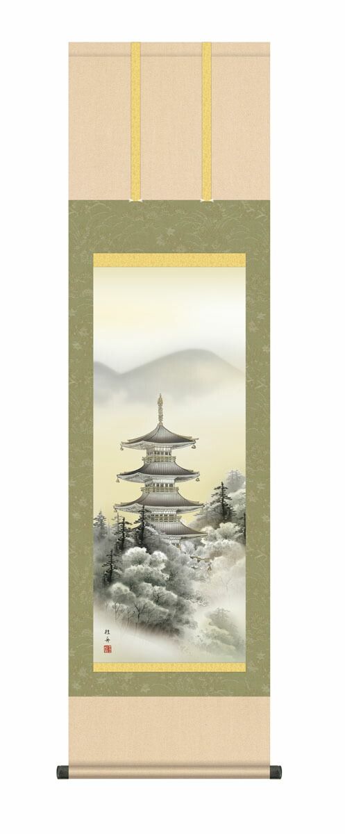 10年保証 掛け軸 山水画 塔景山水 長江桂舟 尺３床の間 和室 おしゃれ 壁掛け 絵