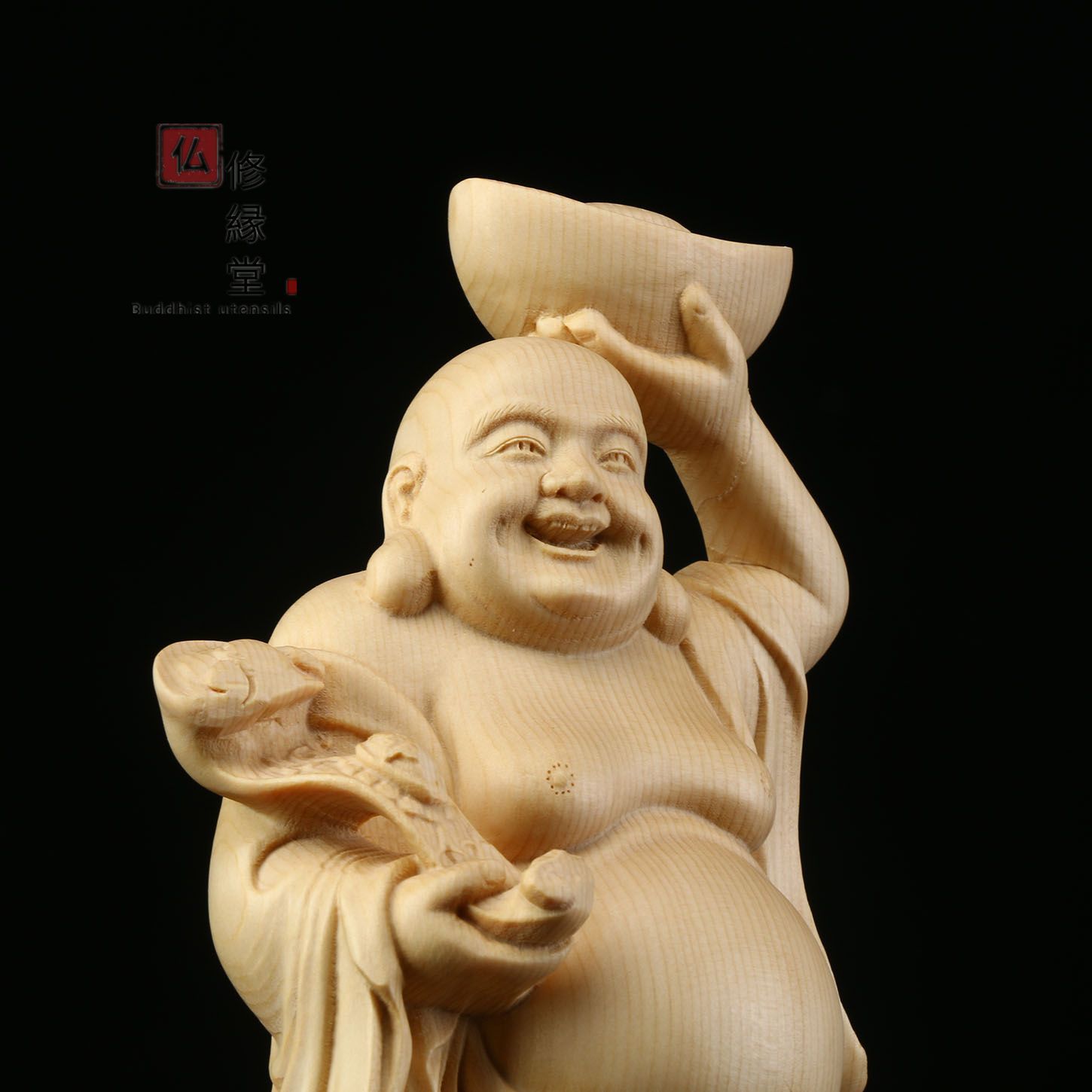 修縁堂】極上品 木彫仏像 七福神弥勒仏 立像 布袋様 彫刻 天然木檜材 