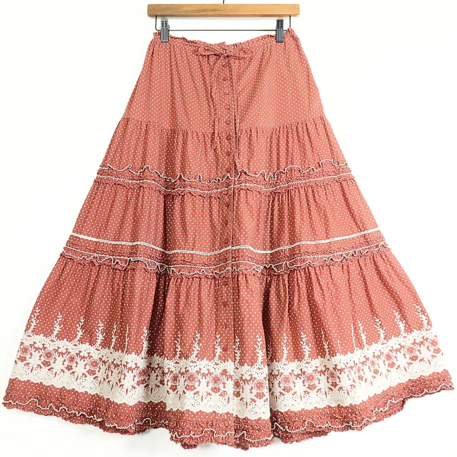 美品】ピンクハウス☆ドットとフリルのローンスカート 赤茶系 前開き