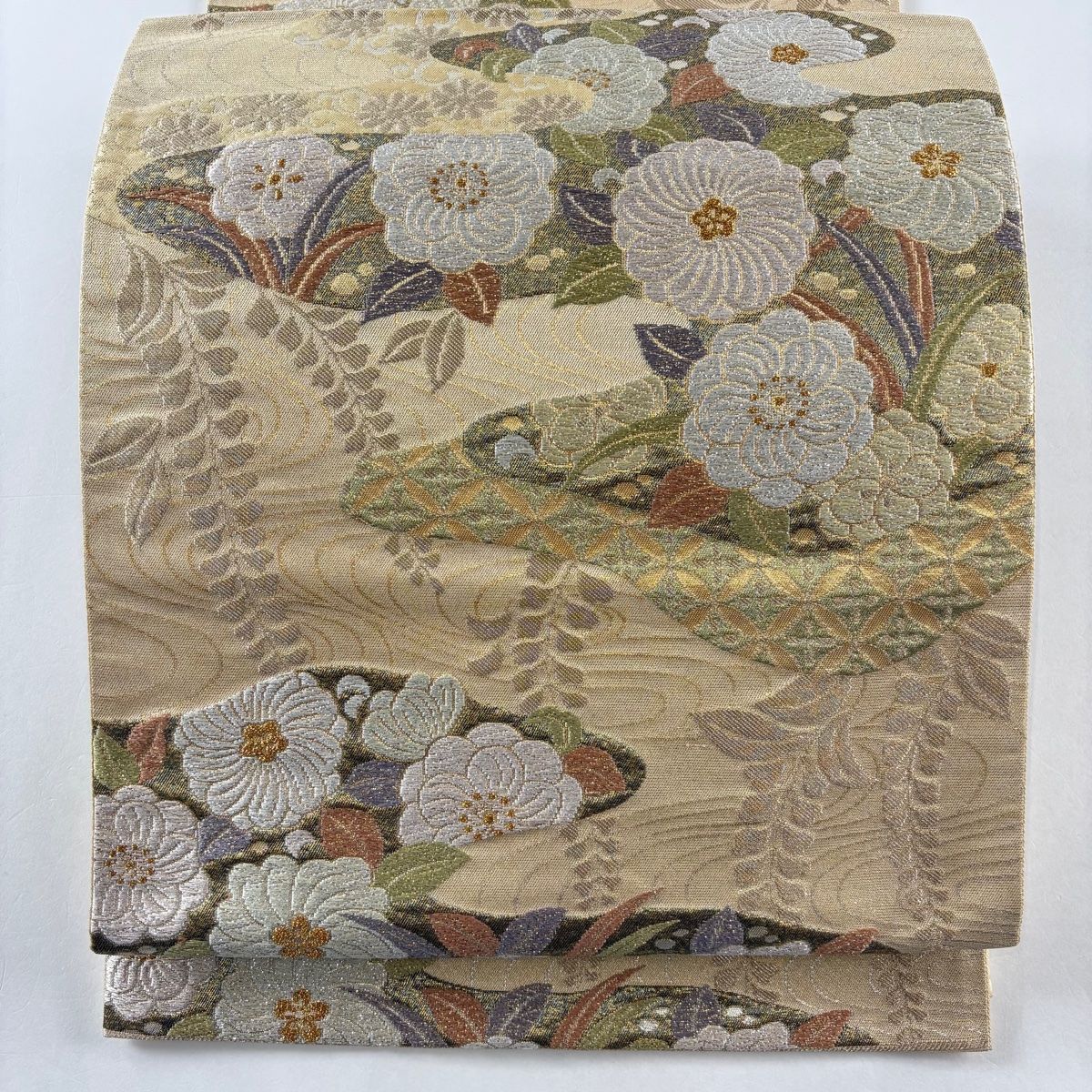 袋帯 秀品 霞 地紋 箔 ベージュ 六通 正絹 【】 【公式通販】