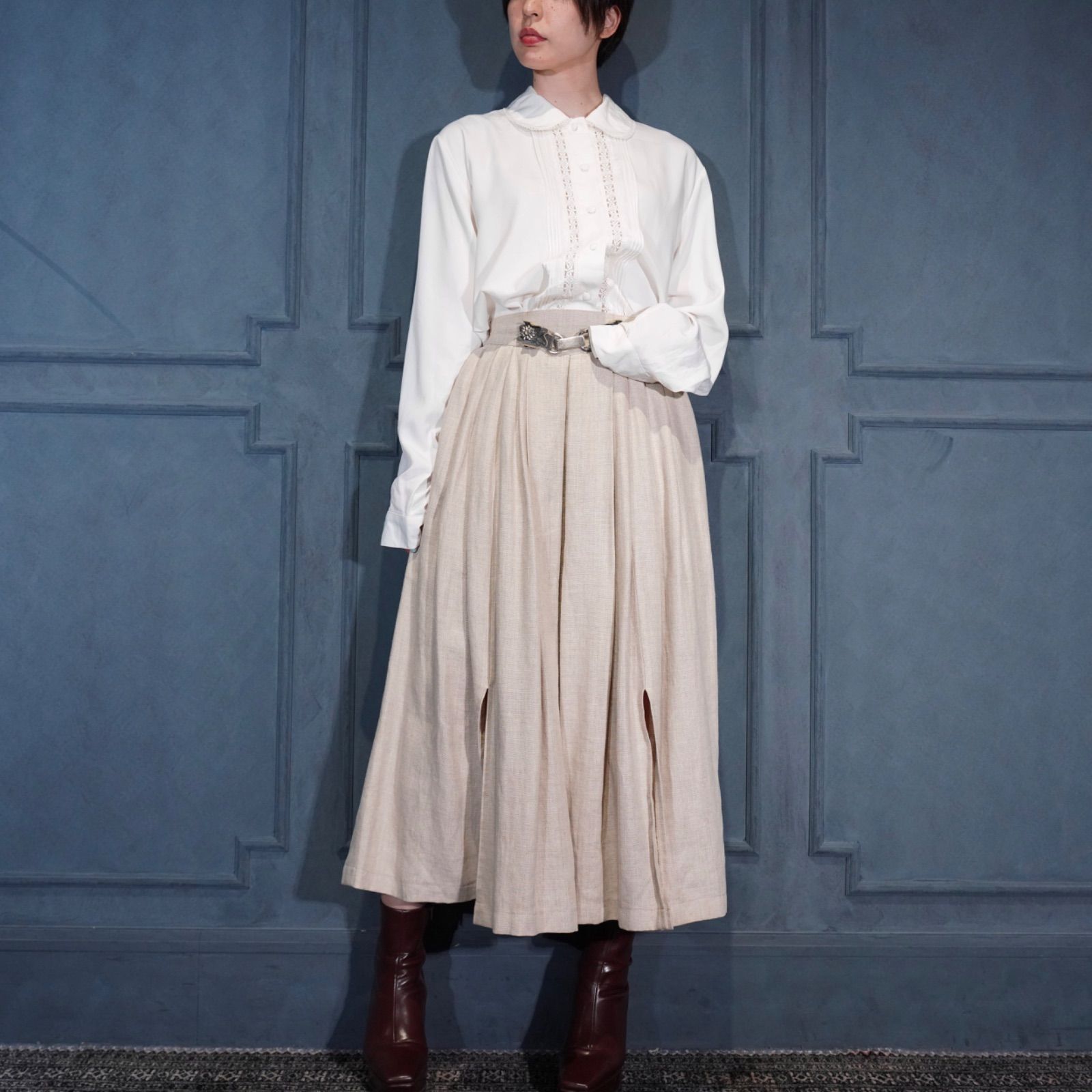 EU VINTAGE COUNTRY LINE WEST DESIGN LINEN TYROLEAN LONG SKIRT|ヨーロッパ古着ウエストデザインリネンチロリアンロングスカート