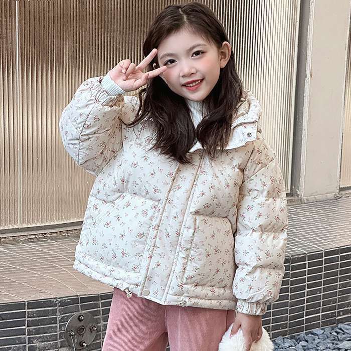 コート キッズ 子ども 子供 女の子 中綿ジャケット フード付き 花柄 ショートコート 中綿コート コート アウター ジャケット 冬コート ショート丈 暖かい ポケット付き 防風 軽量 韓国風 可