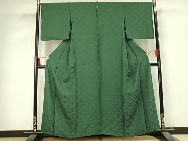 平和屋着物 上質な色無地 単衣 扇面地紋 緑青色 正絹 AABB2417fy