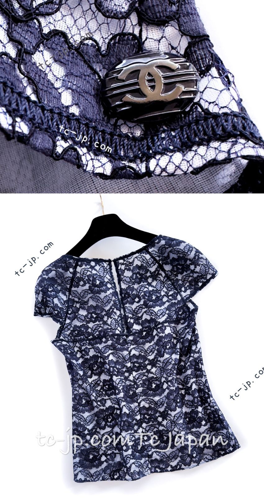 シャネル トップス CHANEL ネイビー ホワイト カメリア 春夏 サマー 総レース ブラウス さらりコットン 新品同様 38 カール 美人見え CHANEL - シャネル トップス CHANEL ネイビー ホワイト カメリア