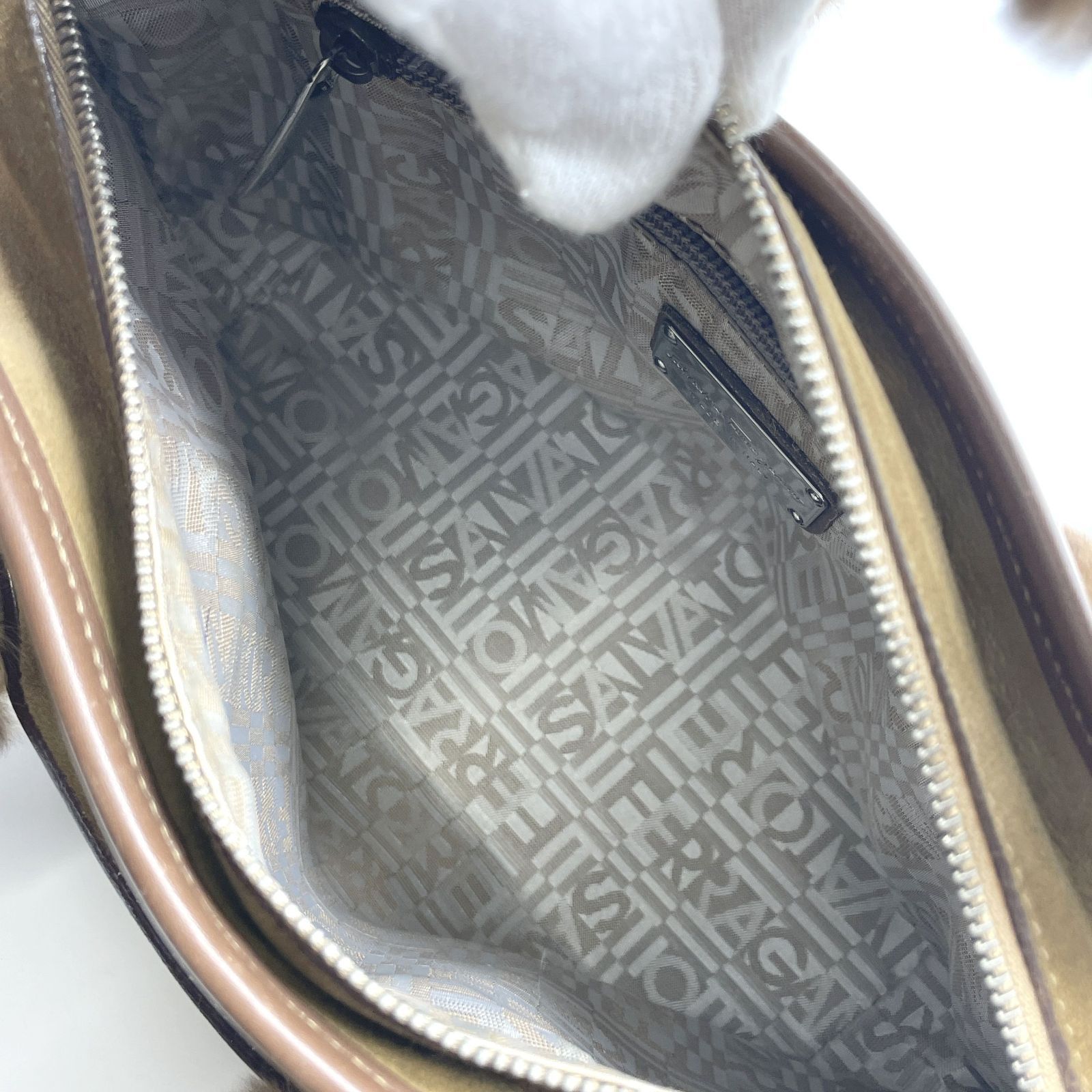 Ferragamo ベージュ ブラウン ミンクファー スエード ハンドバッグ
