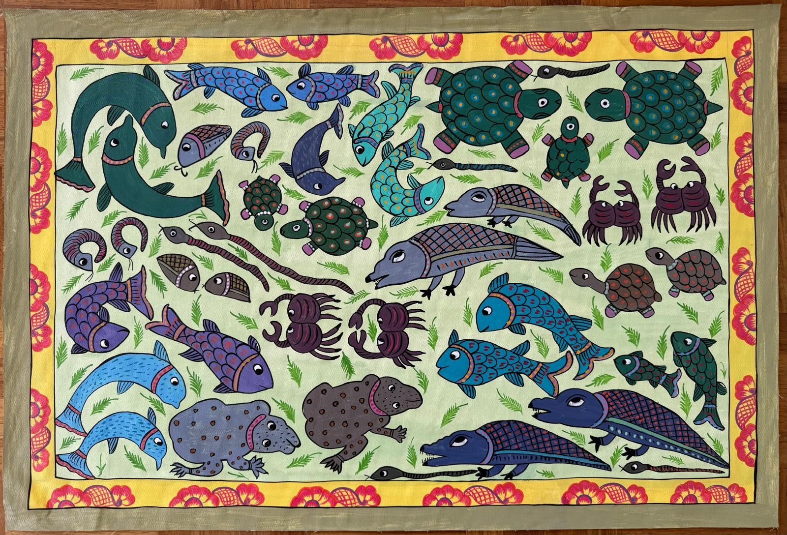 ミティラー マドゥバニ インド ネパール 象 花 鳥 魚 亀 ヘビ カニ