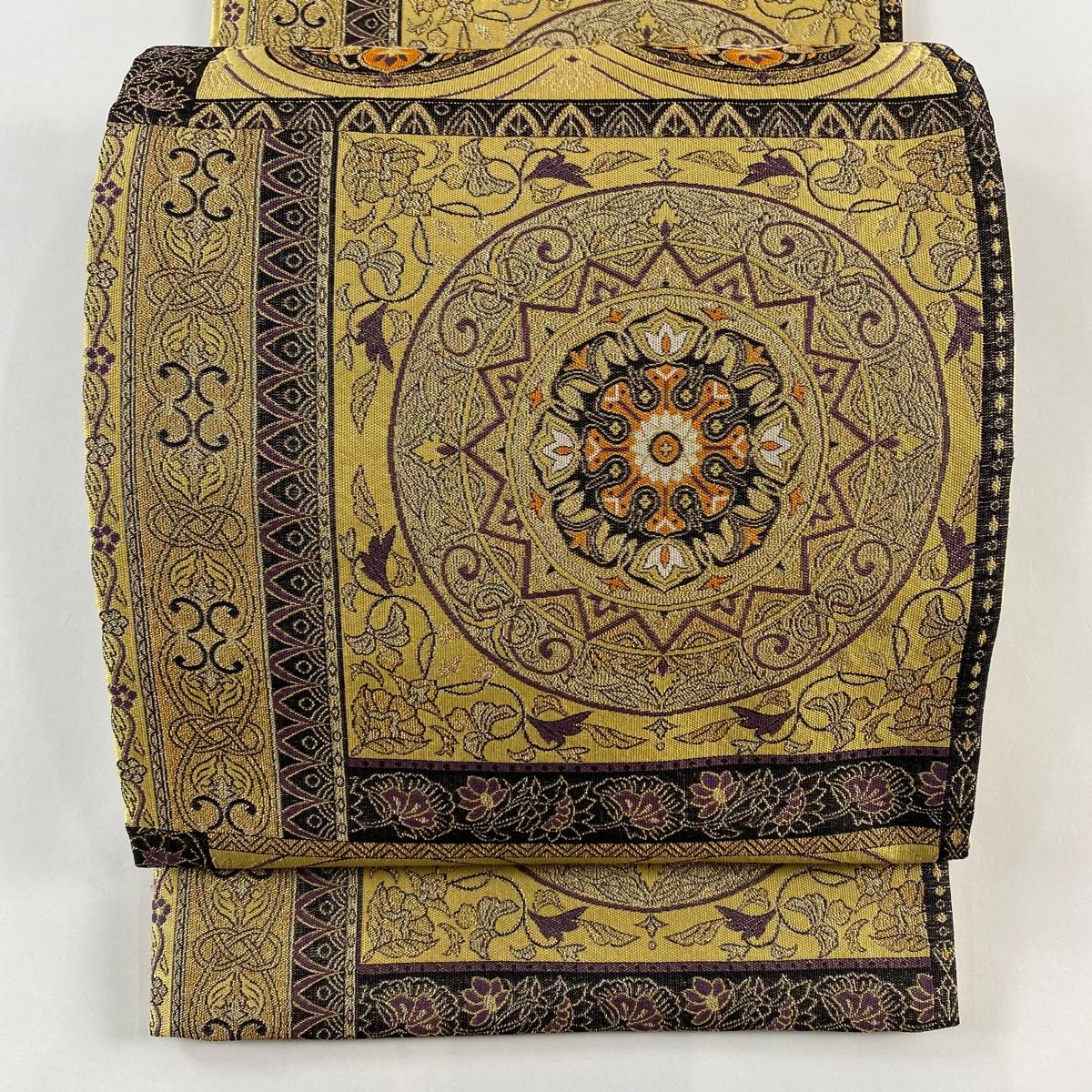 袋帯 秀品 花唐草 幾何学 金糸 箔 薄茶色 六通 正絹