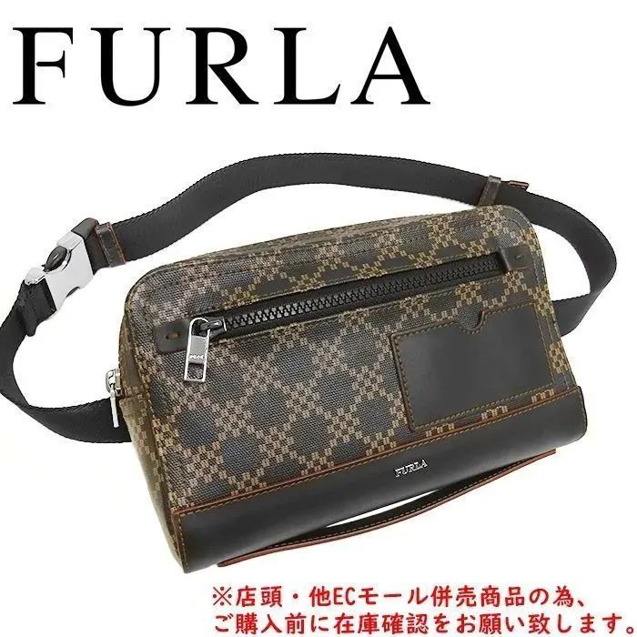 併売商品 ◆ ◆FURLA フルラ ボディバッグ ウエストポーチ チェック PVC レザー ブラック ブラウン メンズ レディース M1097