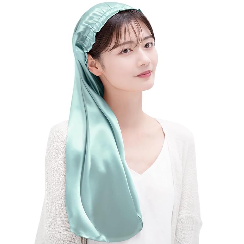 COCOSILK シルク ナイトキャップ ロングヘア用 シルクキャップ 筒型 ナイトキャップ ロング 髪 シルク 筒 ロングヘア 筒状 ヘアキャップ 75cm Free Size グリーン