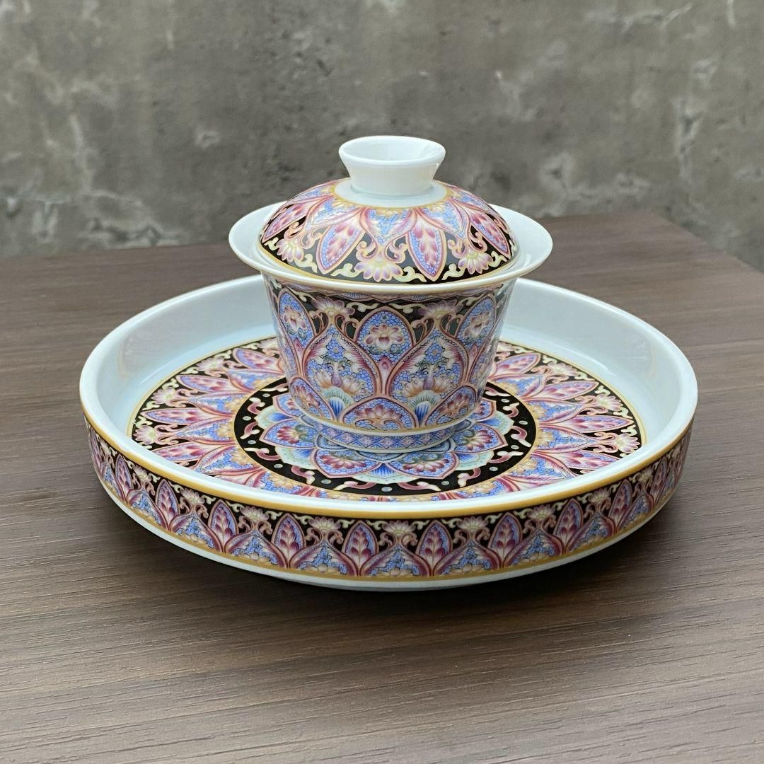 未使用品 景徳鎮琺瑯彩浄土蓮華馬蹄蓋碗 中国美術 湯呑み 茶器