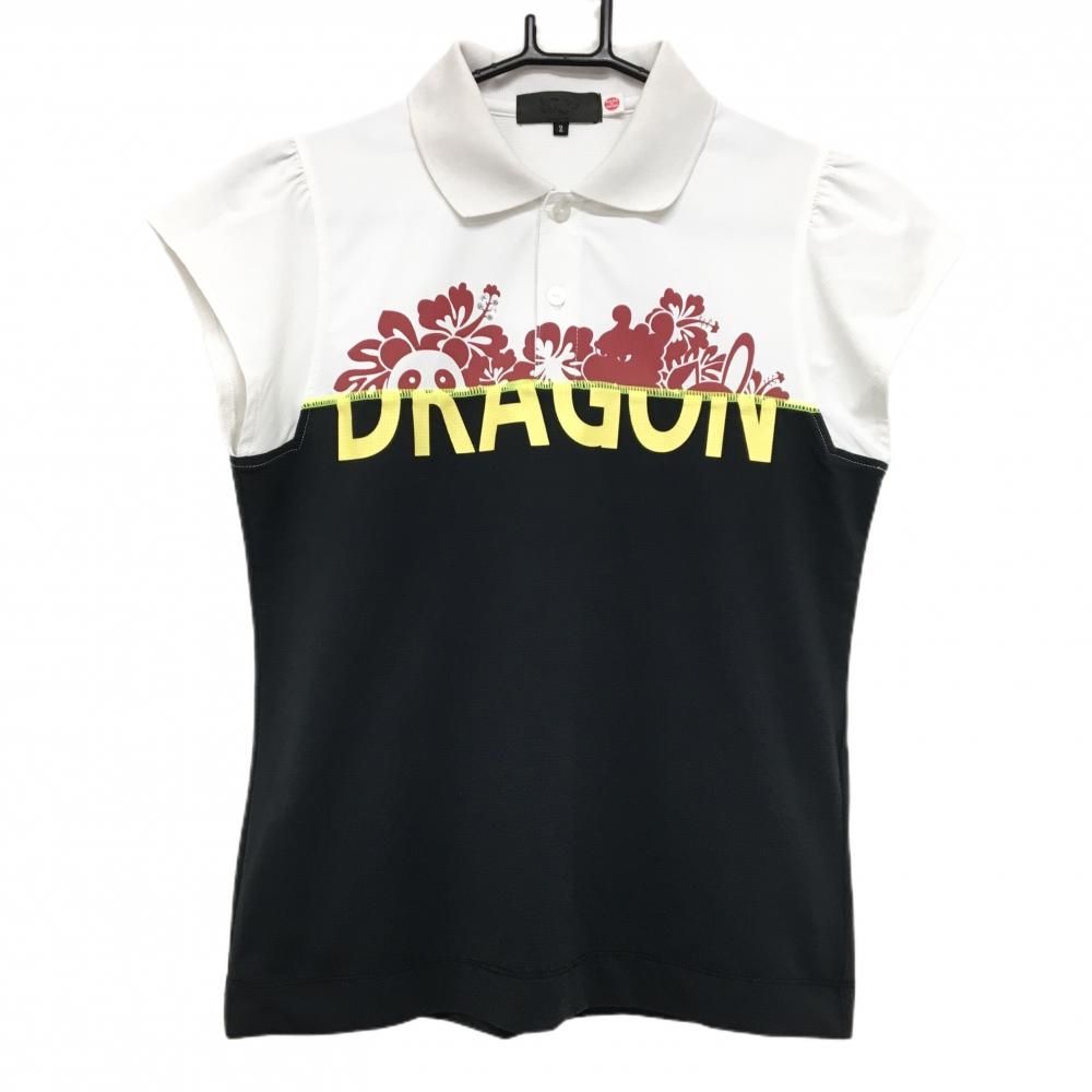 ダンスウィズドラゴン 半袖ポロシャツ 白×黒 ハイビスカス