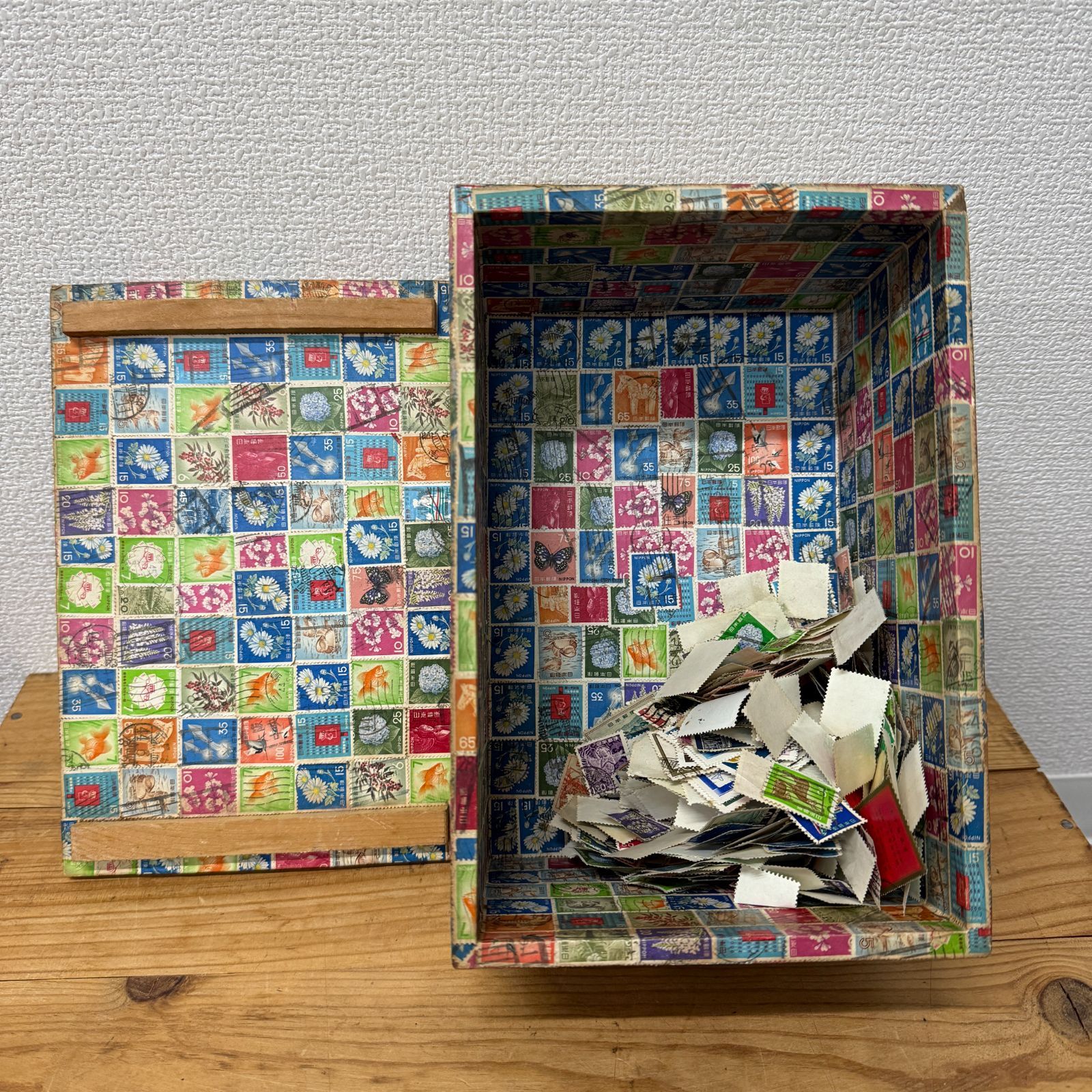 切手コラージュ 木箱 使用済み切手オマケ 木製 インテリア 収納