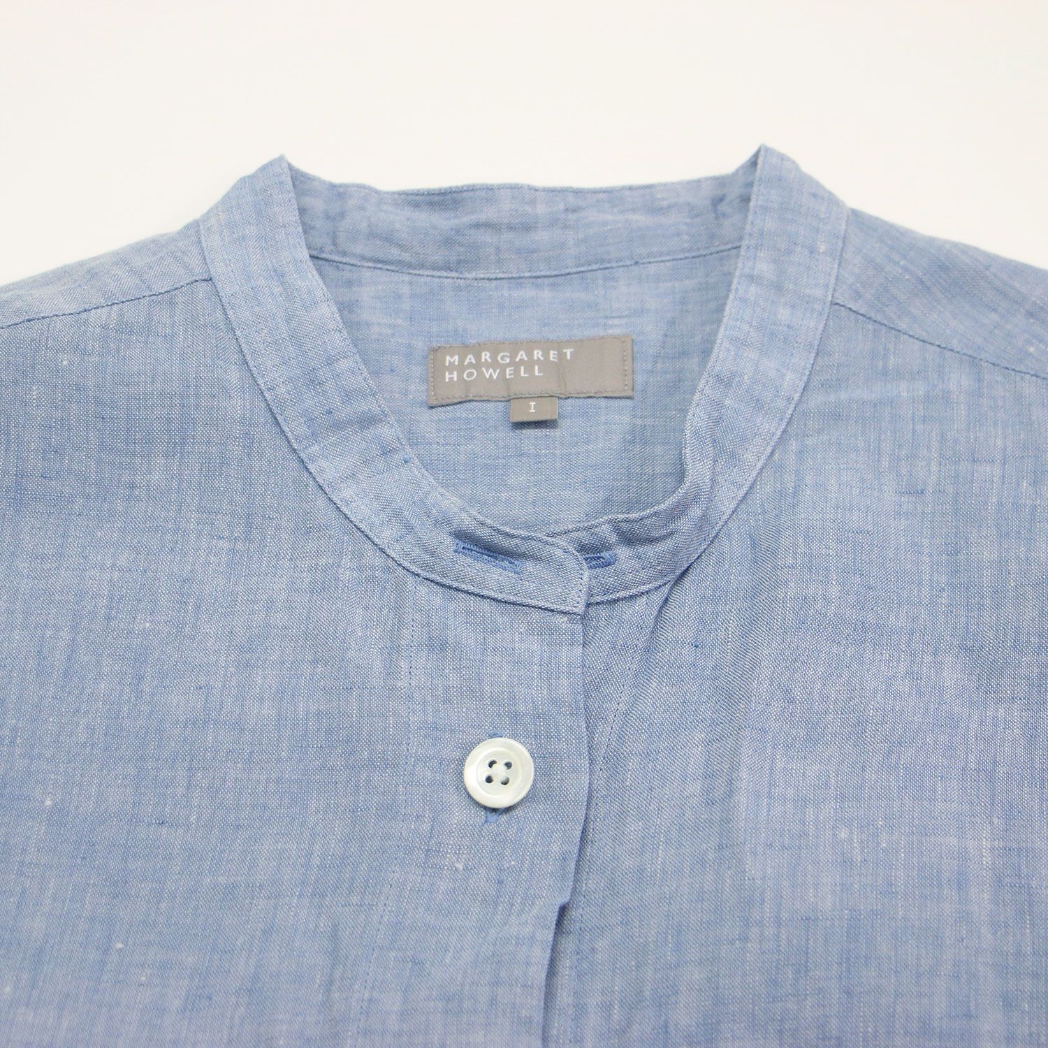【MARGARET HOWELL】 美品✨ノーカラーシャツ ブルー Ⅲ MARGARET HOWELL SHIRTING LINEN LONG SHIRTS 112BLUE
