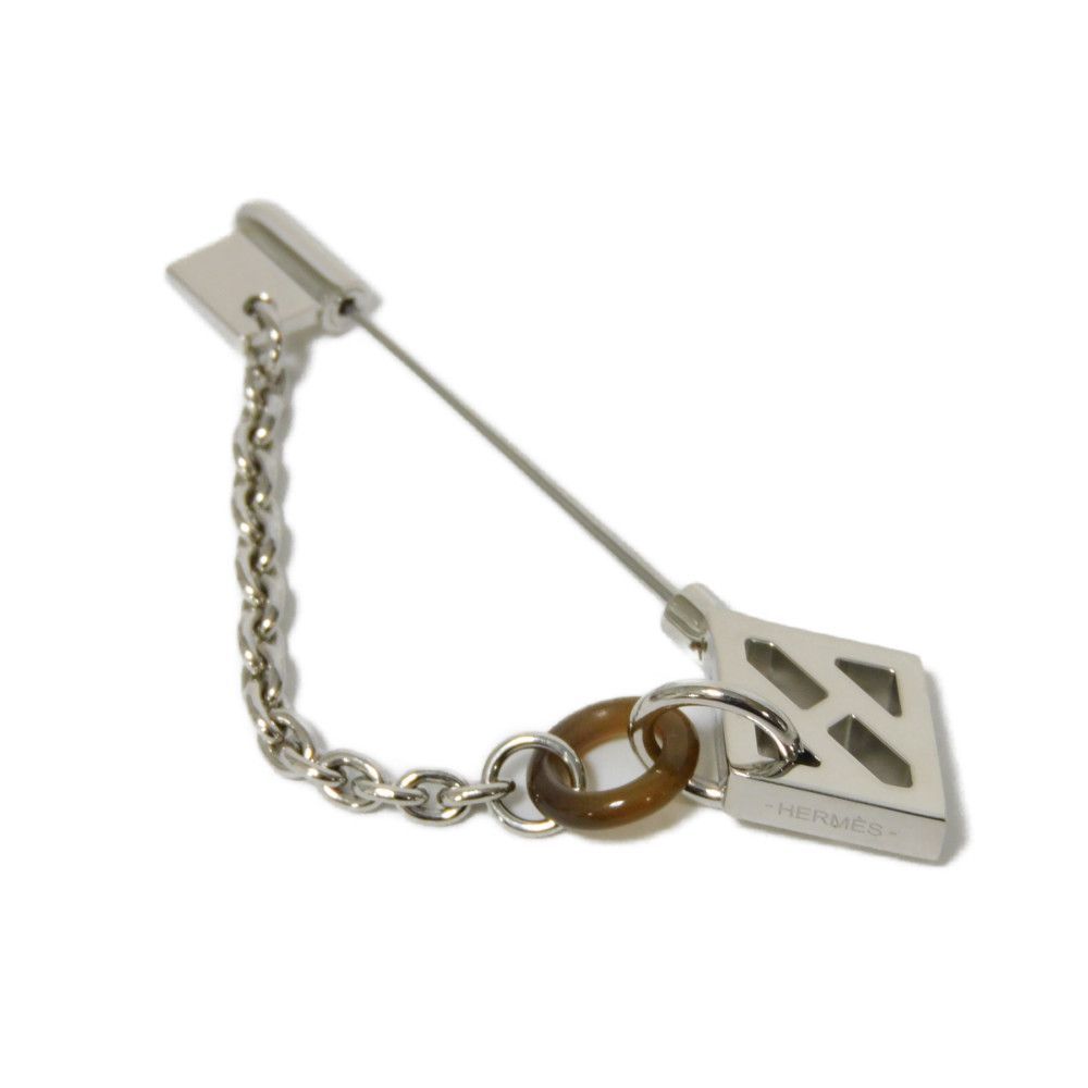HERMES エルメス クレH ピンブローチ ロゴ 鍵 チェーン シルバー メタル クレ デ シャン バッファローホーン ナチュラル ブローチ H100021FP00