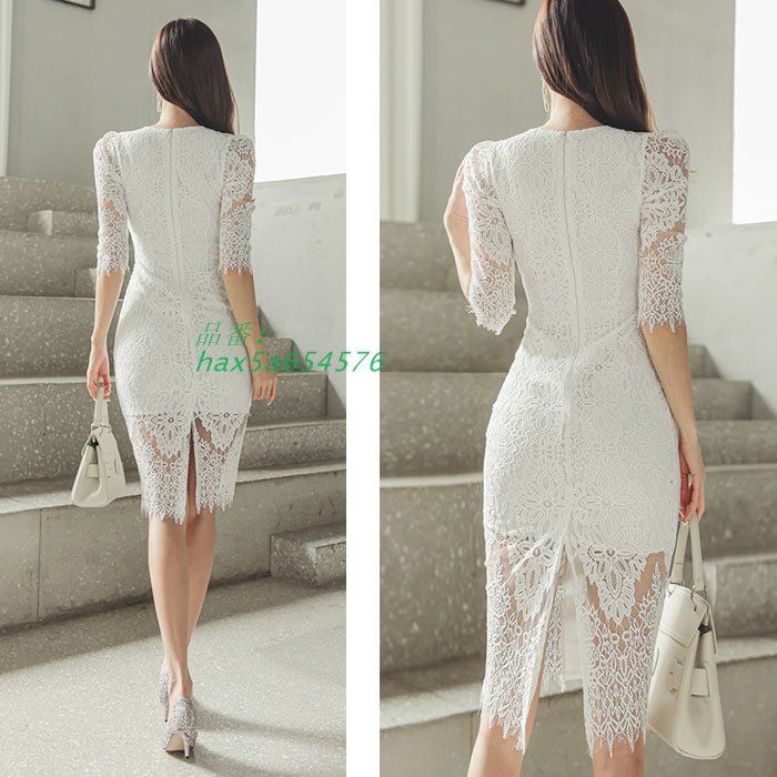 前ボタン膝丈タイトワンピース 白