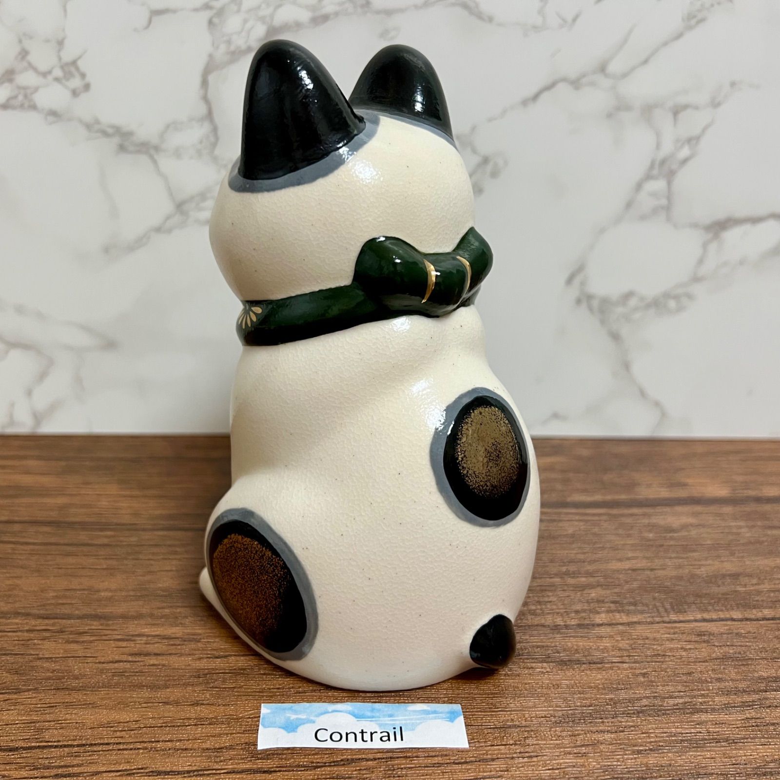 薬師窯 菊花 招き猫 (右手上げ・緑・大) 右手 金運招福 縁起物