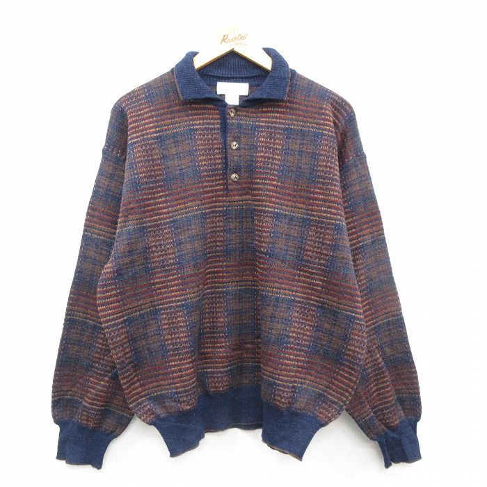 L/古着 長袖 セーター メンズ 00s 襟付き ウール 紺 ネイビー 24oct02 中古 ニット トップス