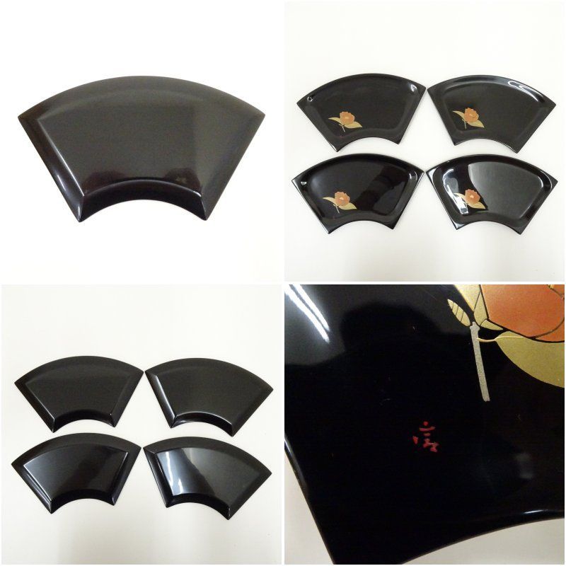 輪島塗 静峰・木谷信夫造 椿蒔絵扇形銘々皿5客（共箱） 茶器 菓子器