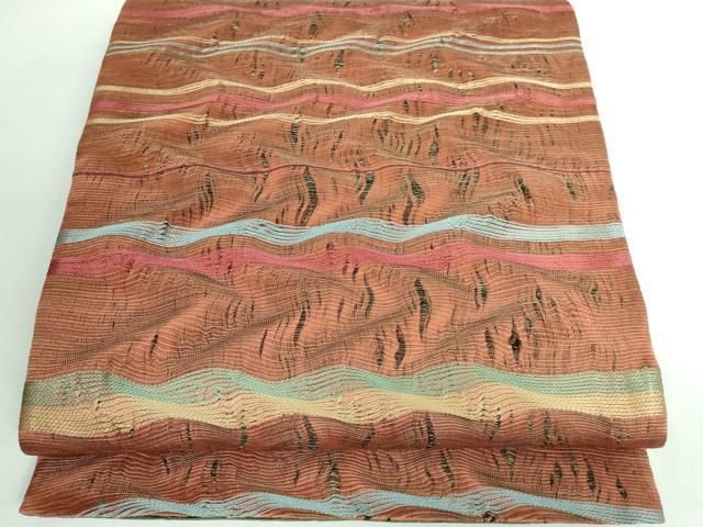 平和屋本店■極上　本場筑前博多織　草木染　手織工房　染匠：小森久　両面　全通柄袋帯　霞文　間道　金糸　逸品　未使用　DZAA5874kh5 平和屋本店□極上 本場筑前博多織 草木染 手織工房 染匠：小森久 両面