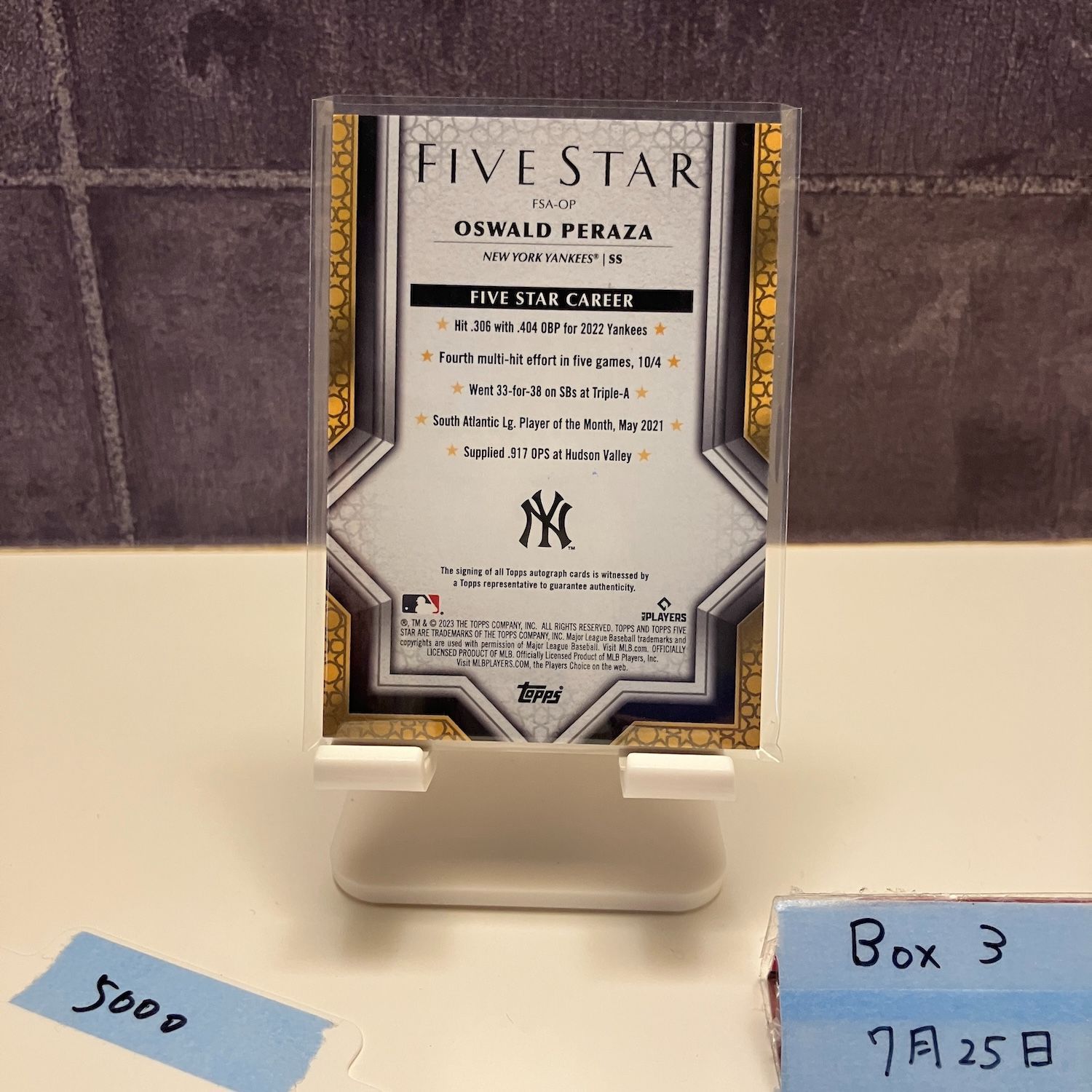 ワゲスパック　　2022  カード　直筆サイン入り　シリアルナンバー58番 2023 Topps Five Star OSWALD PERAZA 直筆サイン New York