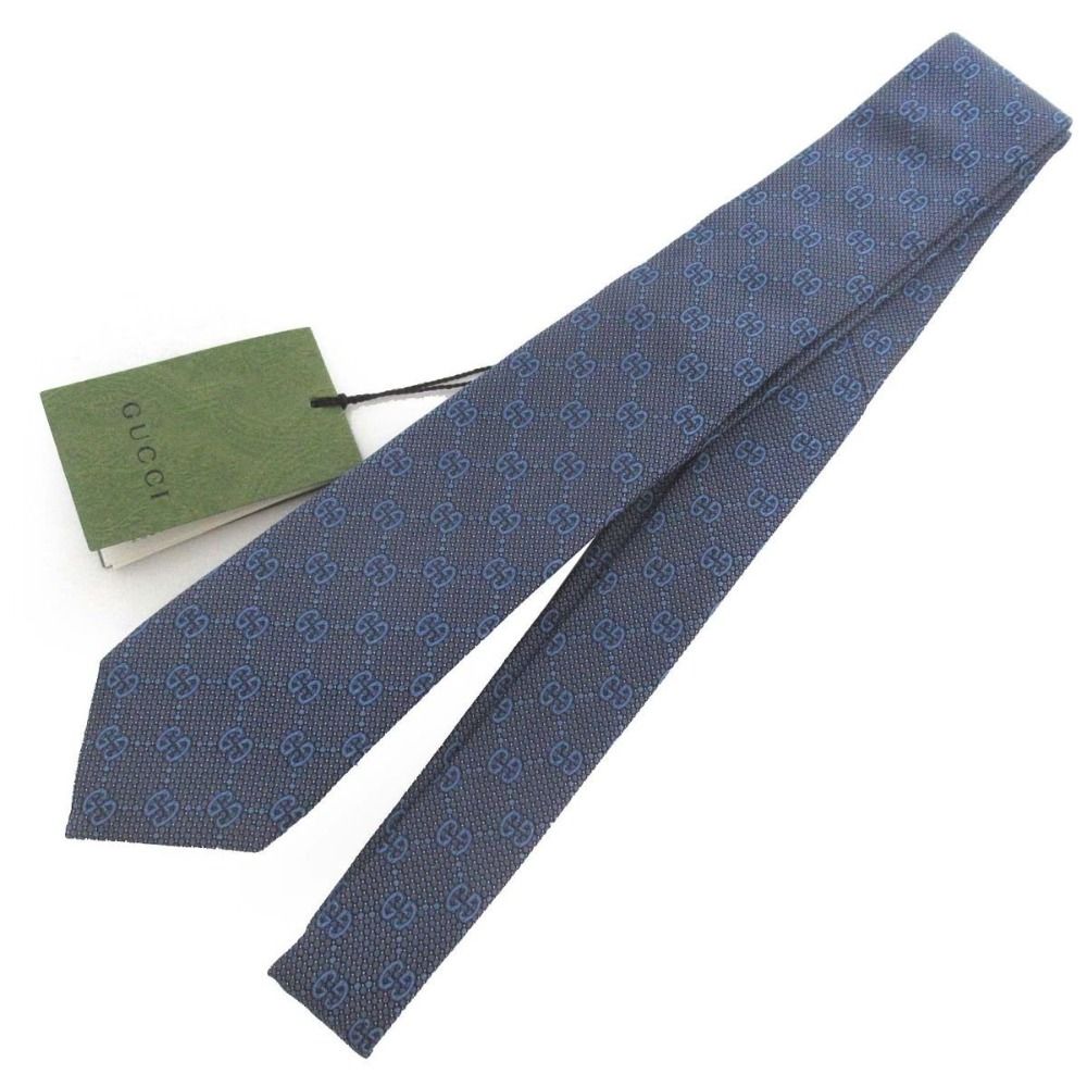 未使用品 24SS GUCCI グッチ シルク100% GG柄 ドット柄 ジャガード ネクタイ 408865 ネイビー ブルー系 メンズ 古着 中古 USED