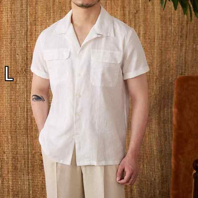 L メンズ ファッション 服 男性用 オシャレ シンプル 大人 かっこいい 大きいサイズ ストリート 紳士服 夏 キューバン カラー コットンリネン 半袖 シャツ ハワイ ヘビー ファッション シャツ