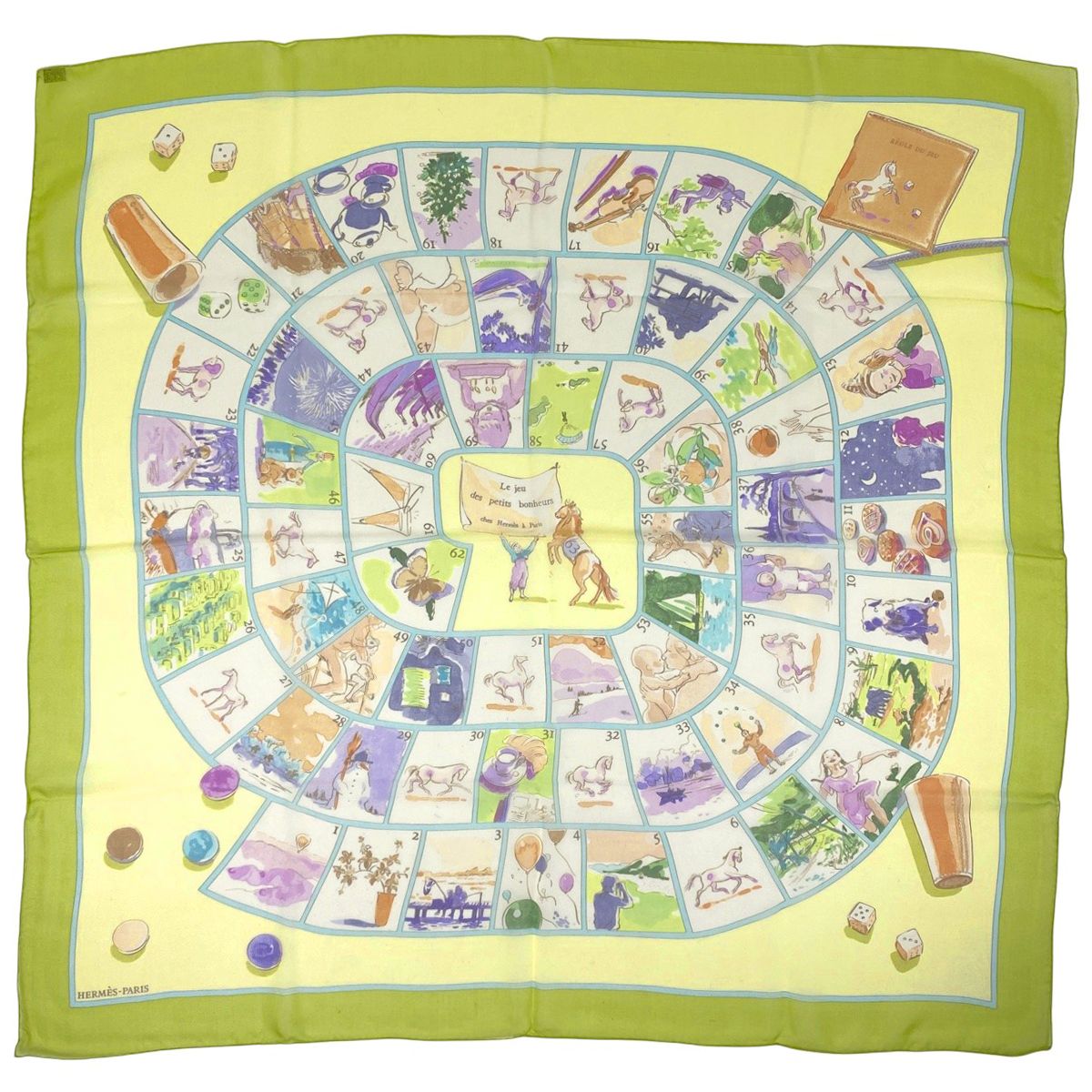 エルメス HERMES カレ 90 Le jeu des petits bonheurs 小さな幸せのゲーム シースルー シアー スカーフ シルク ライトグリーン マルチカラー レディース