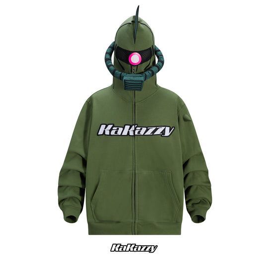 ◆Kakazzy◆Full Zip 長袖パーカー ライトカーキ 送料込 KaKazzy】ガンダム ザク フルジップ パーカー 男女着用可 ユニ